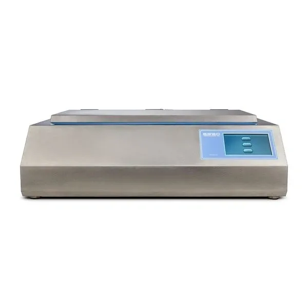 A silver printer with blue ink on top of it.